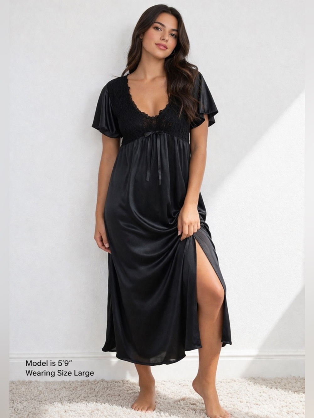 Vintage Unmentionables Black Satin Nightgown Lace Bodice Maxi Sleep Dress